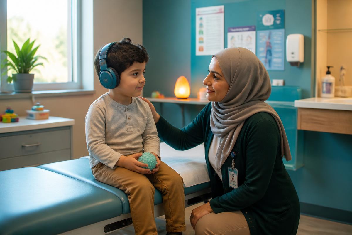 A Middle Eastern heritage clinician in contemporary dress smiling with a child wearing noise-reducing headphones in a calm, sensory-friendly clinic room