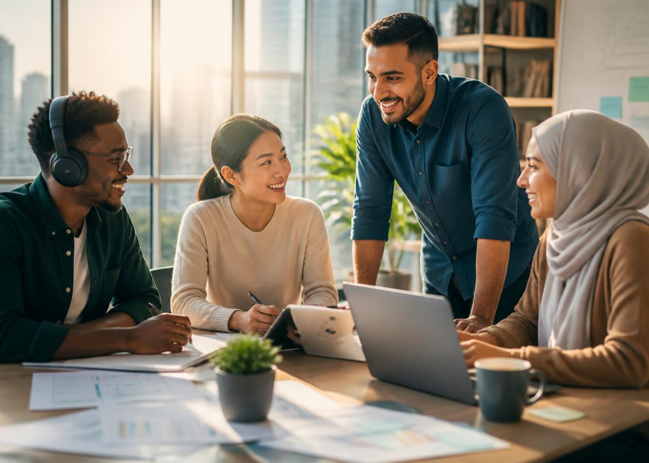 A diverse corporate team including African American and Asian colleagues and a Middle Eastern colleague in a hijab, collaborating in a bright modern office, one colleague wearing noise-reducing headphones